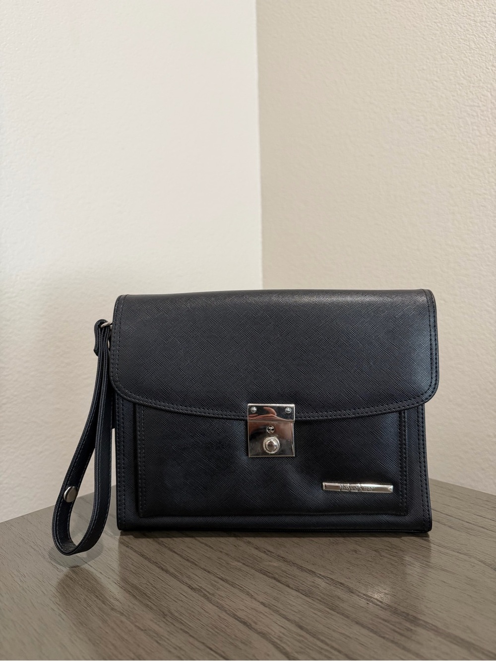 YVES SAINT LAURENT Black Men's Leather Wristlet Clutch
